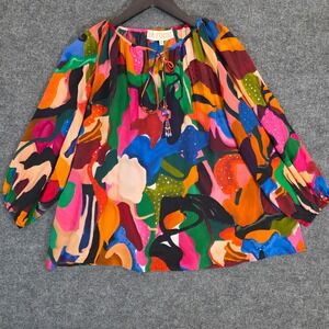 La Fuori Blouse Womens XL Multicolor Silk Beaded Tie Neck Long Sleeve